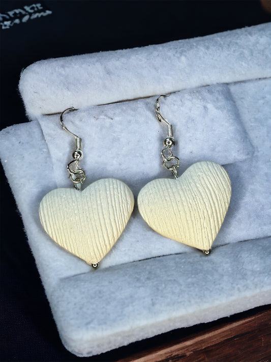 White Linen Texture Heart Earrings